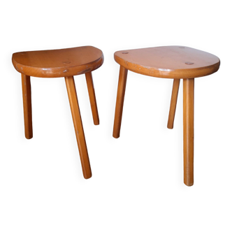 Set of 2 old wooden tripod stools