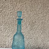 Carafe and 5 old blue glass liqueur glasses