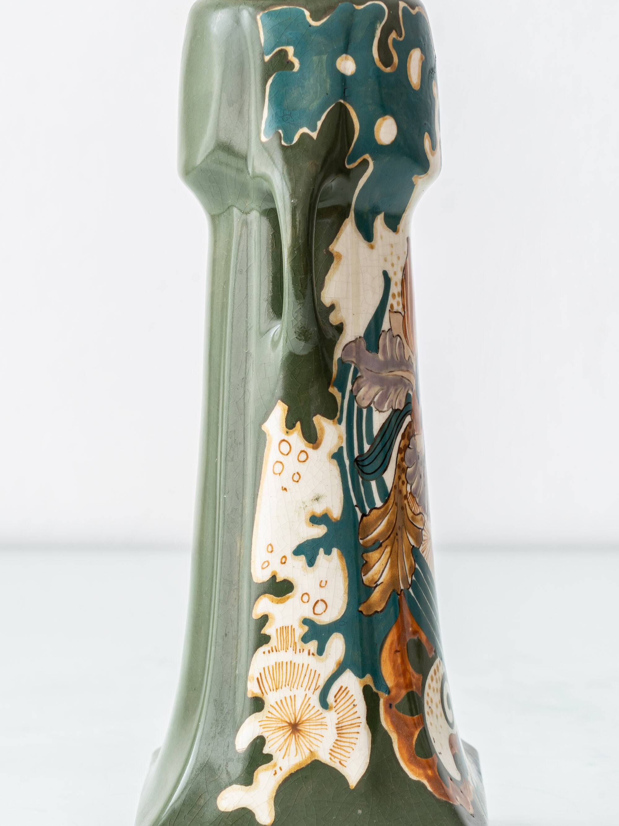Pair of Dutch Art Nouveau Ceramic Table Lamps, circa 1915, with New Ochre Linen Shades