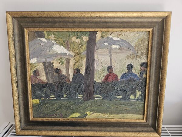 Tableau, huile sur toile ''Personnages en terrasse, parc'' Ssigné Omar Logang