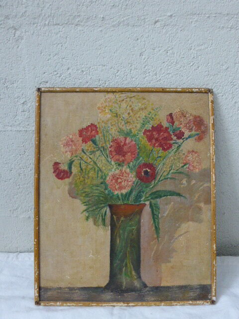 Table bouquet of flowers, painted on a piece of old wood