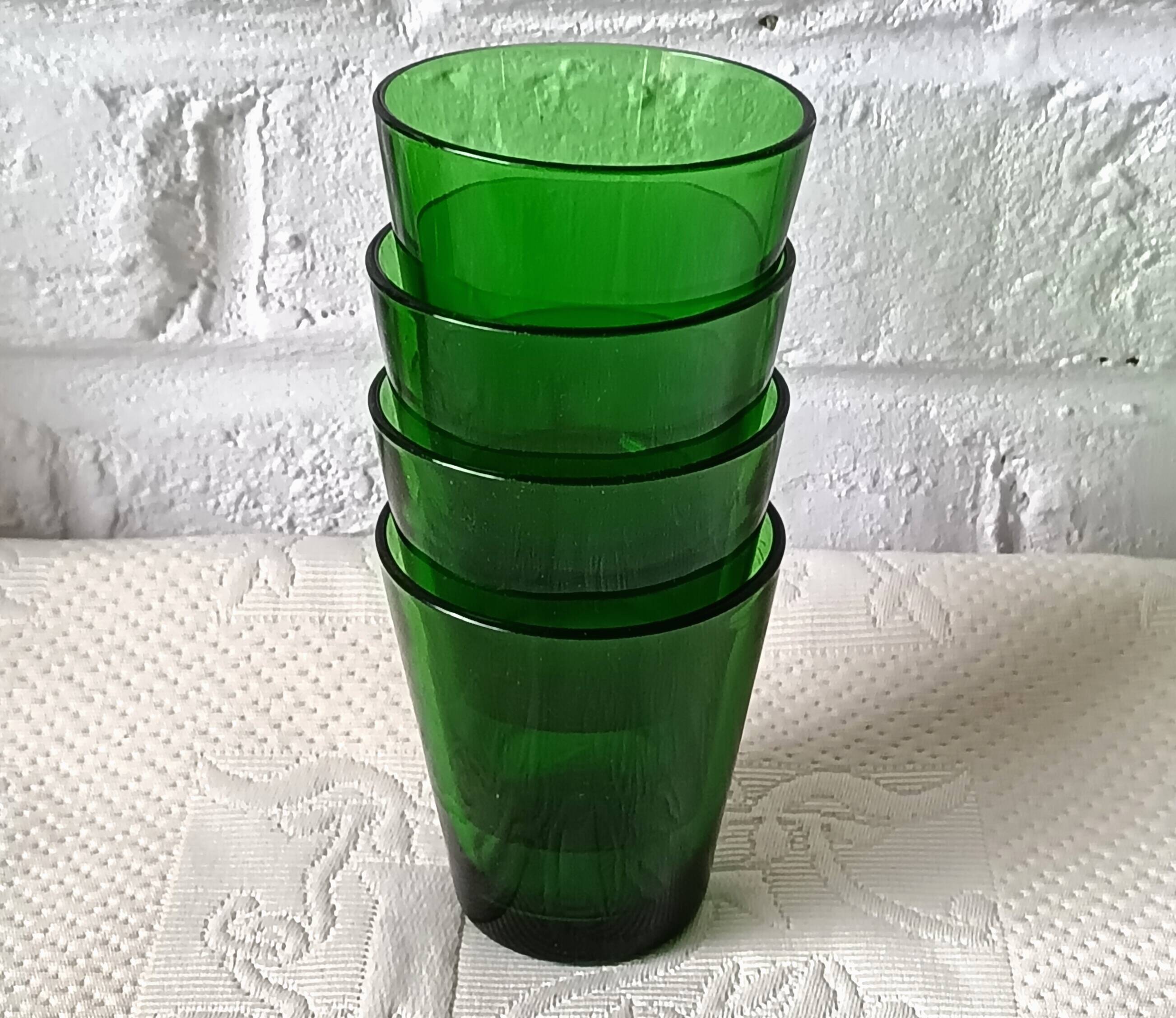 4 glasses 15 cl retro emerald green tempered glass france