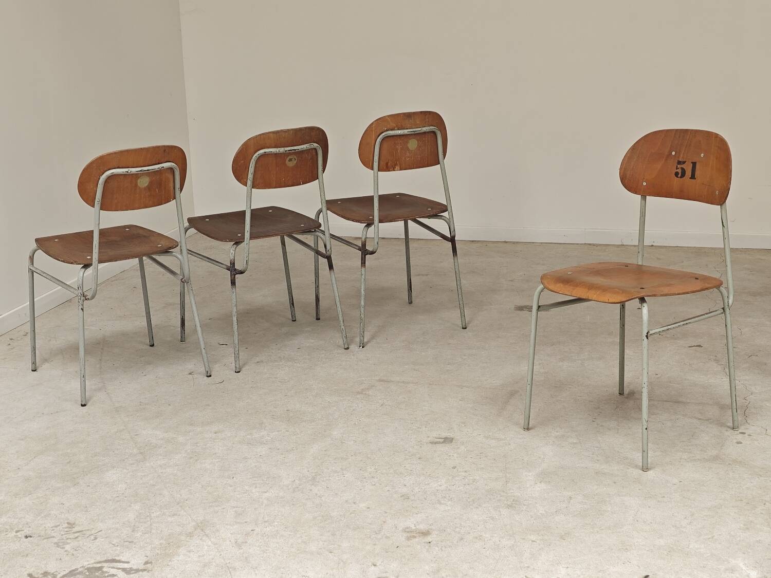 Set of 4 Czech school chairs in industrial style, 1960.