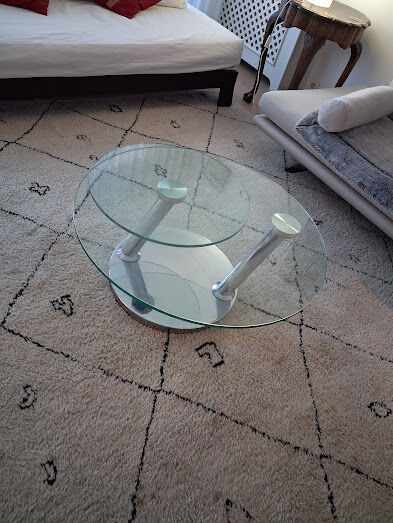 glass coffee table with 2 rotating trays