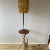 Wrought iron floor lamp with magazine holder and sisal shade, 1950s