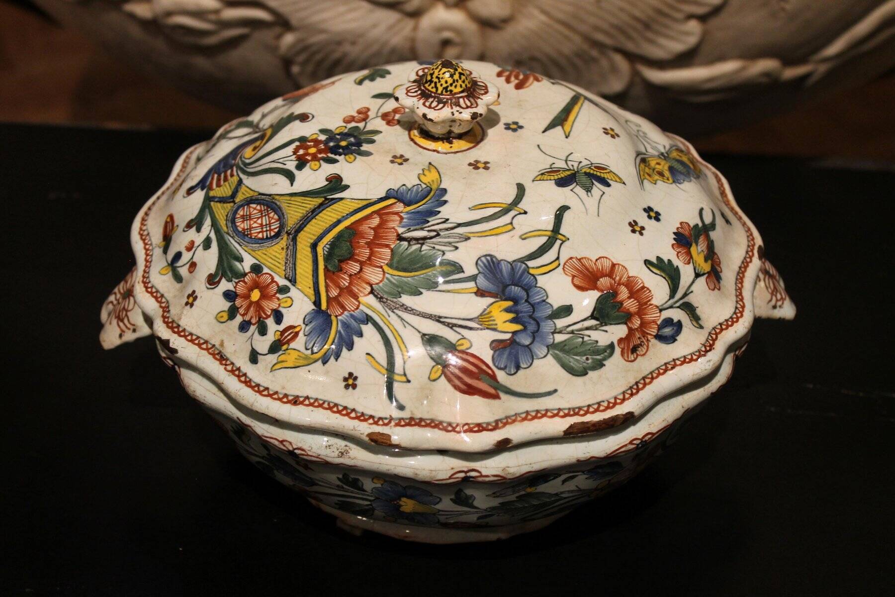 Antique French Faience Lidded Bowl Tureen Hand Painted with Flowers and Insects