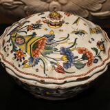 Antique French Faience Lidded Bowl Tureen Hand Painted with Flowers and Insects