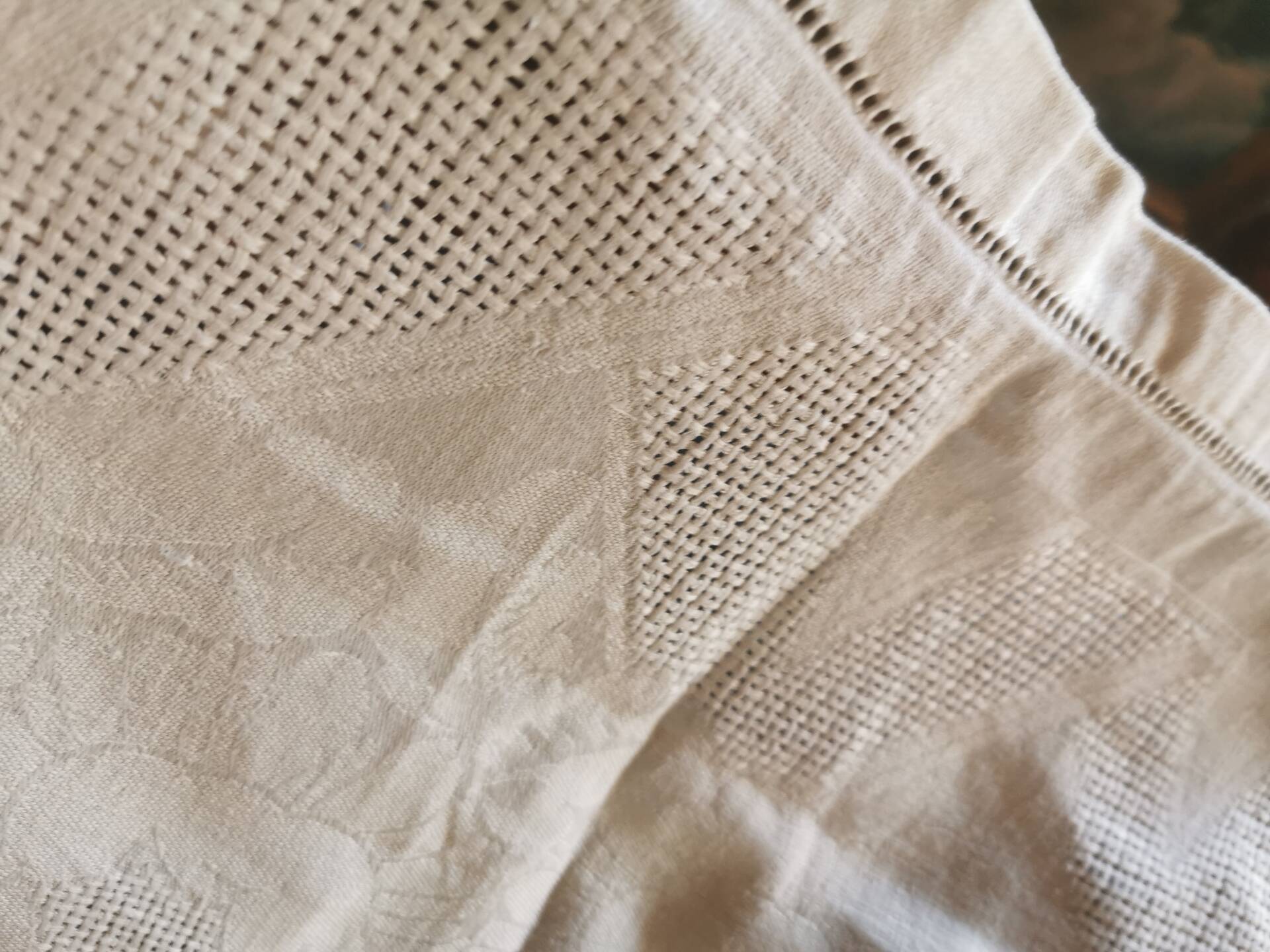 Set of 16 table napkins and an old floral damask tablecloth.