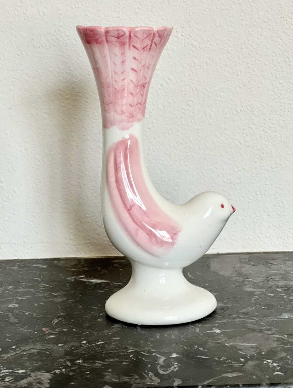 Vintage cone vase in the shape of a pink and white bird