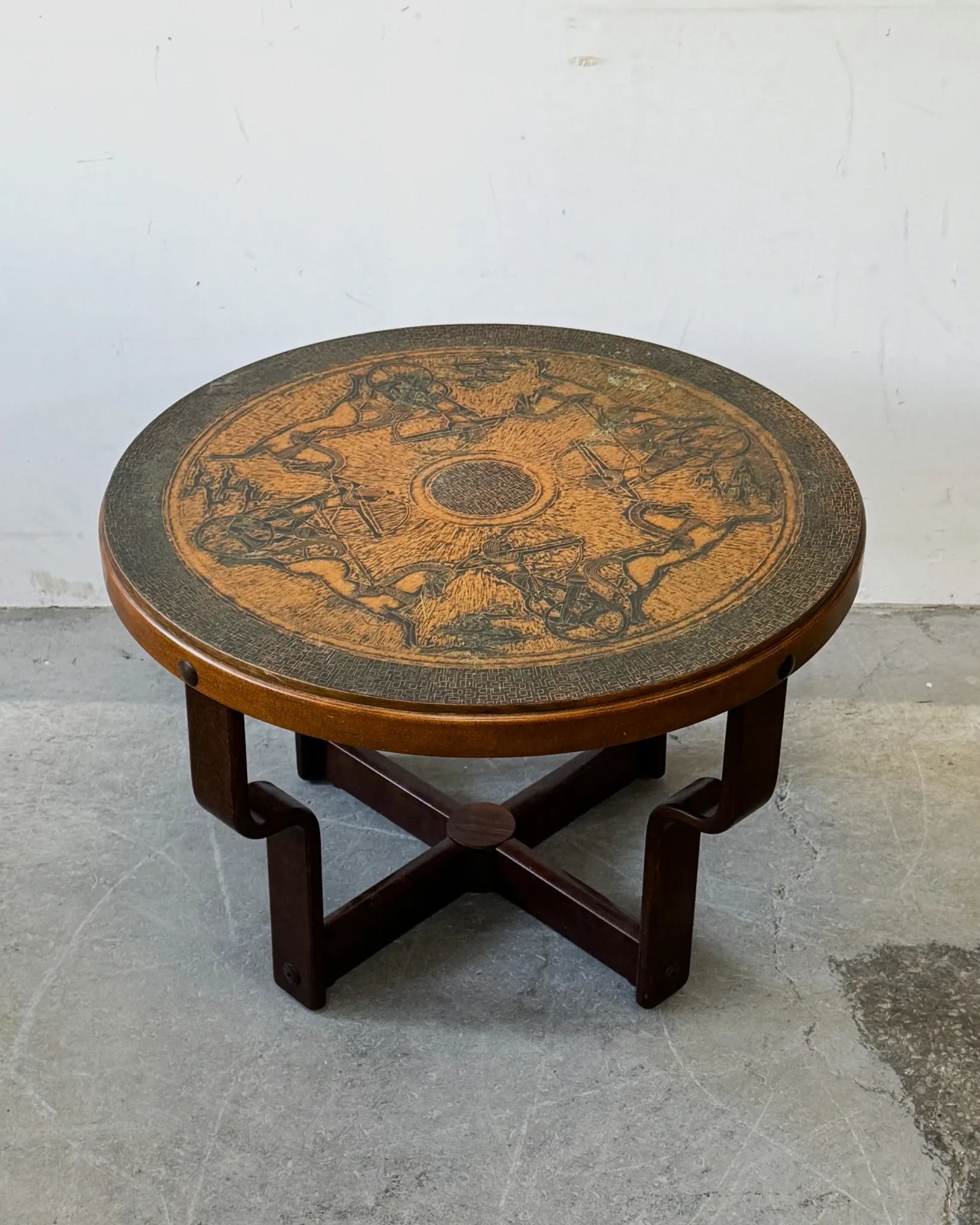 Embossed copper-top table, Norway, 1960s, vintage, mid-century.