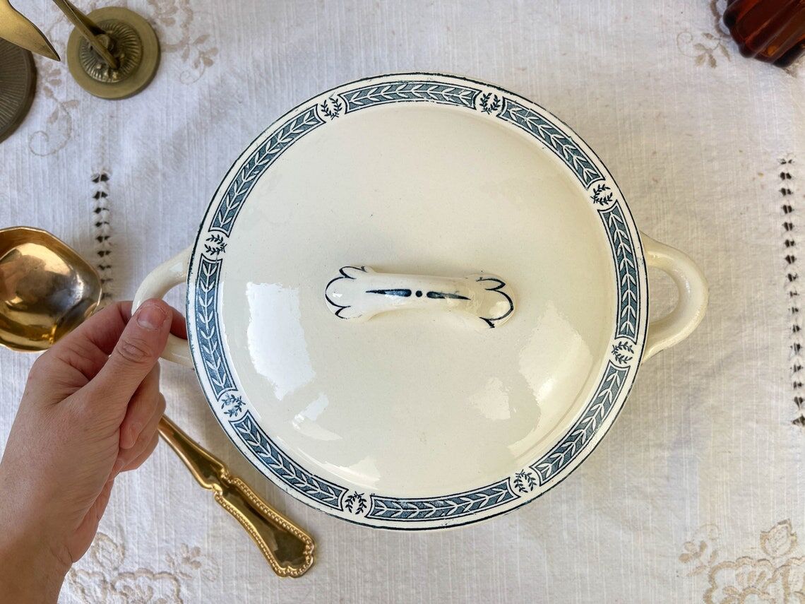 Vintage soup tureen, blue ironstone, Salins model, Castellane
