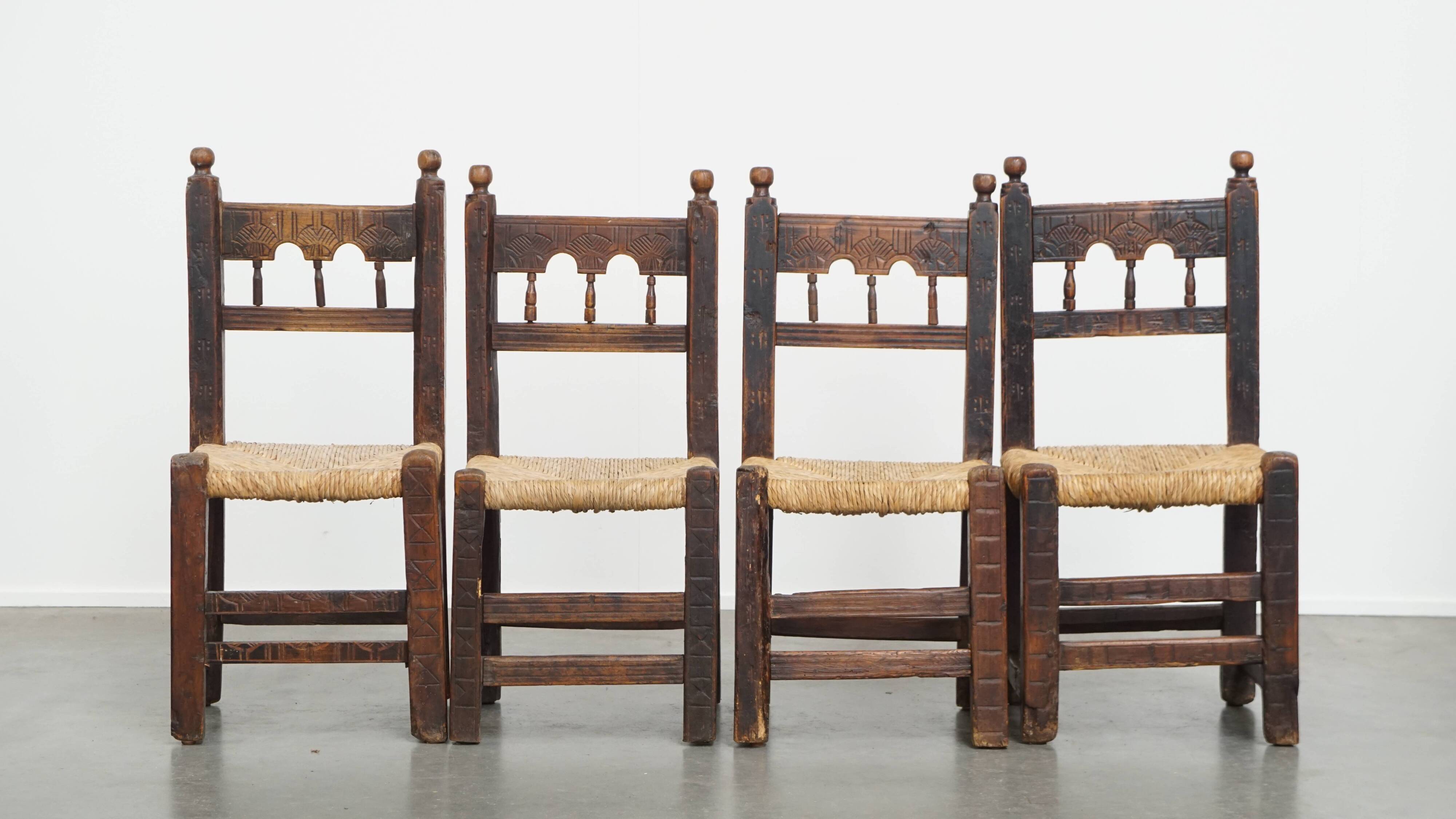 Set of 4 Antique Spanish Country Chairs with Woven Rattan Seats