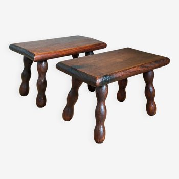 Pair of vintage solid turned wood footstools