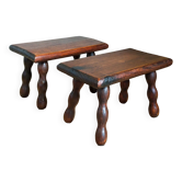 Paire de tabourets repose-pieds en bois tourné massif vintages