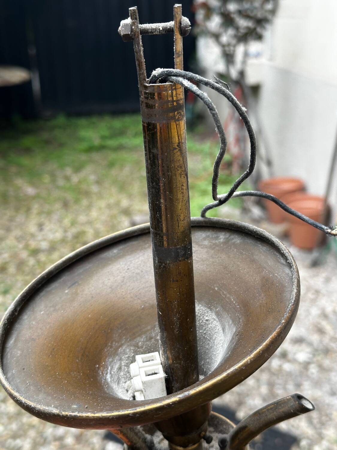 Vintage Lustre Brass and Frosted Glass with White and Gold Large Grains 8 Lights