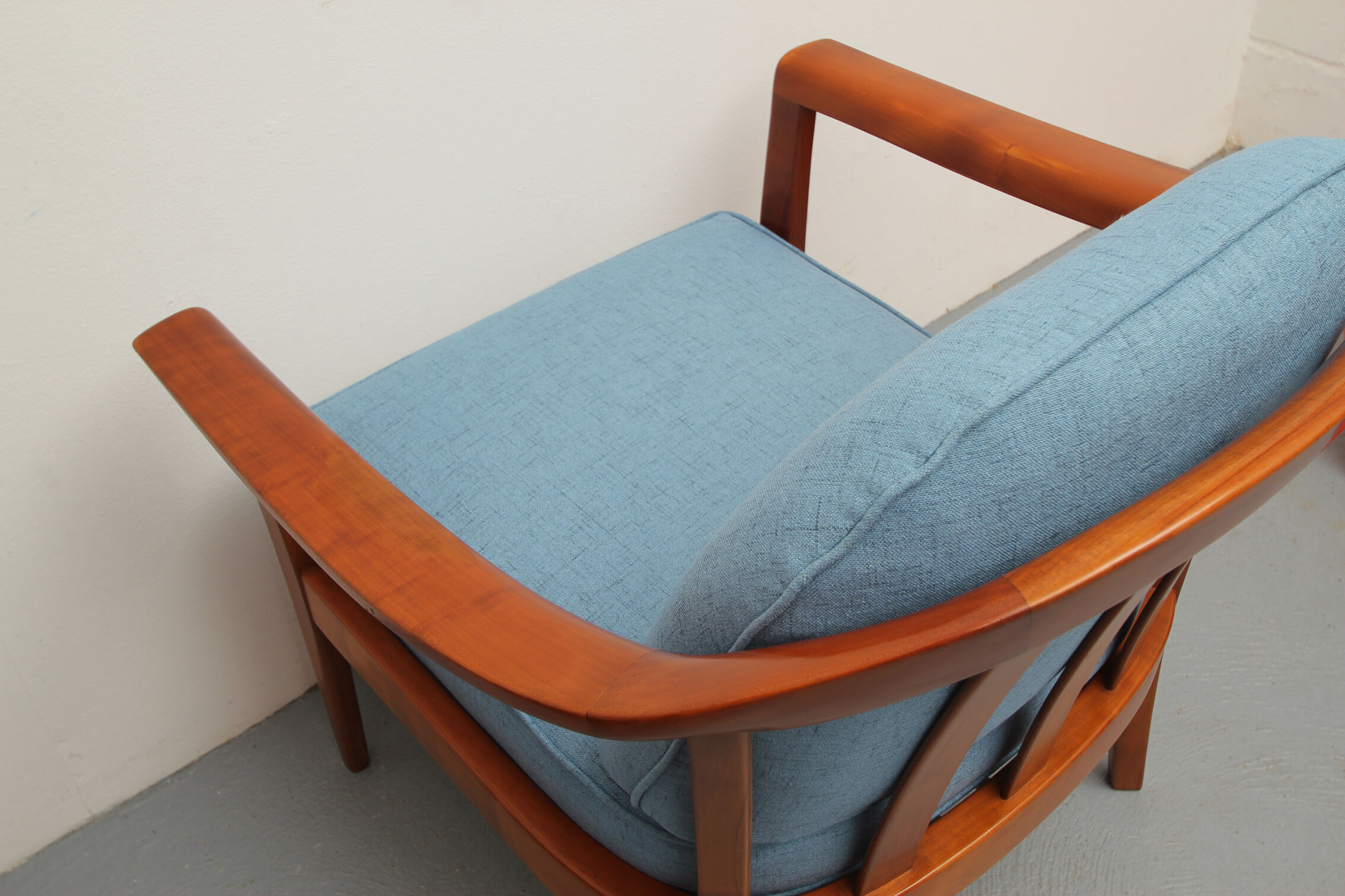 1960s armchair cherrywood in blue, Wilhelm Knoll