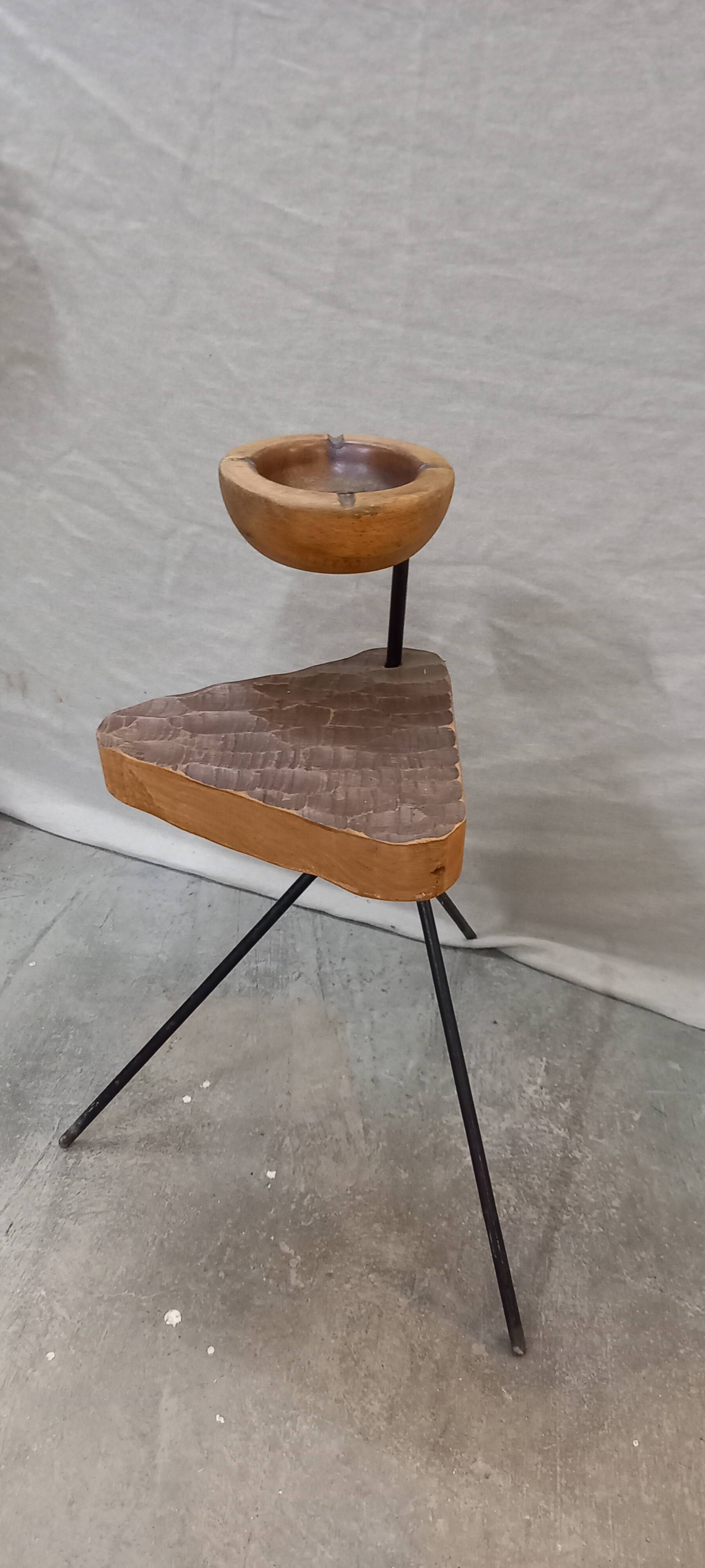 Vintage tripod ashtray with wooden shelf