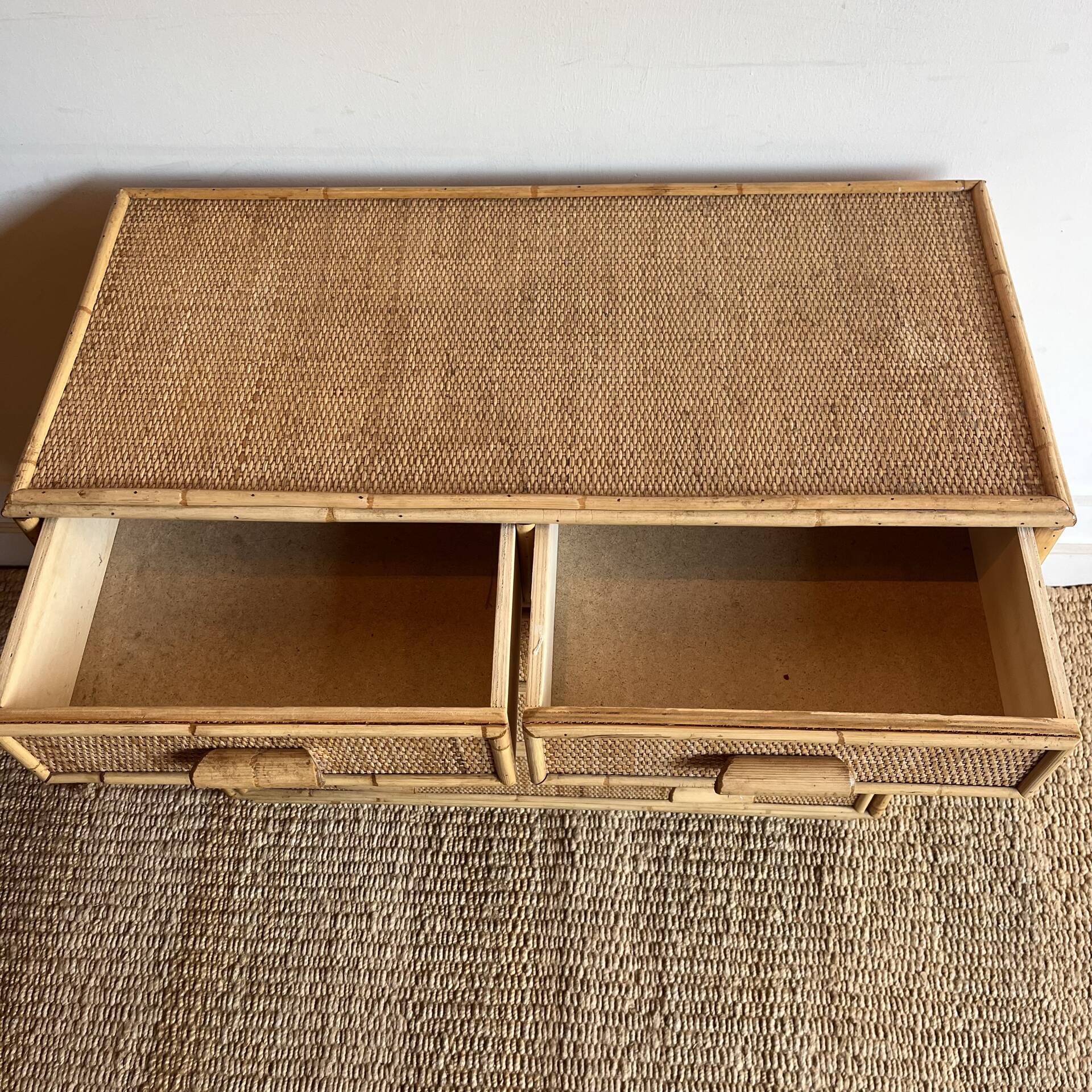 Vintage woven rattan bamboo chest of drawers