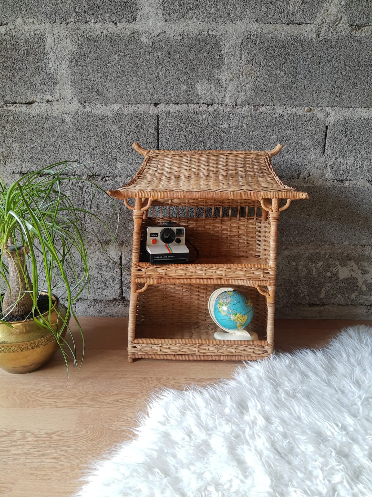 Wall shelf or to be placed in unique Japanese style rattan vintage pagoda