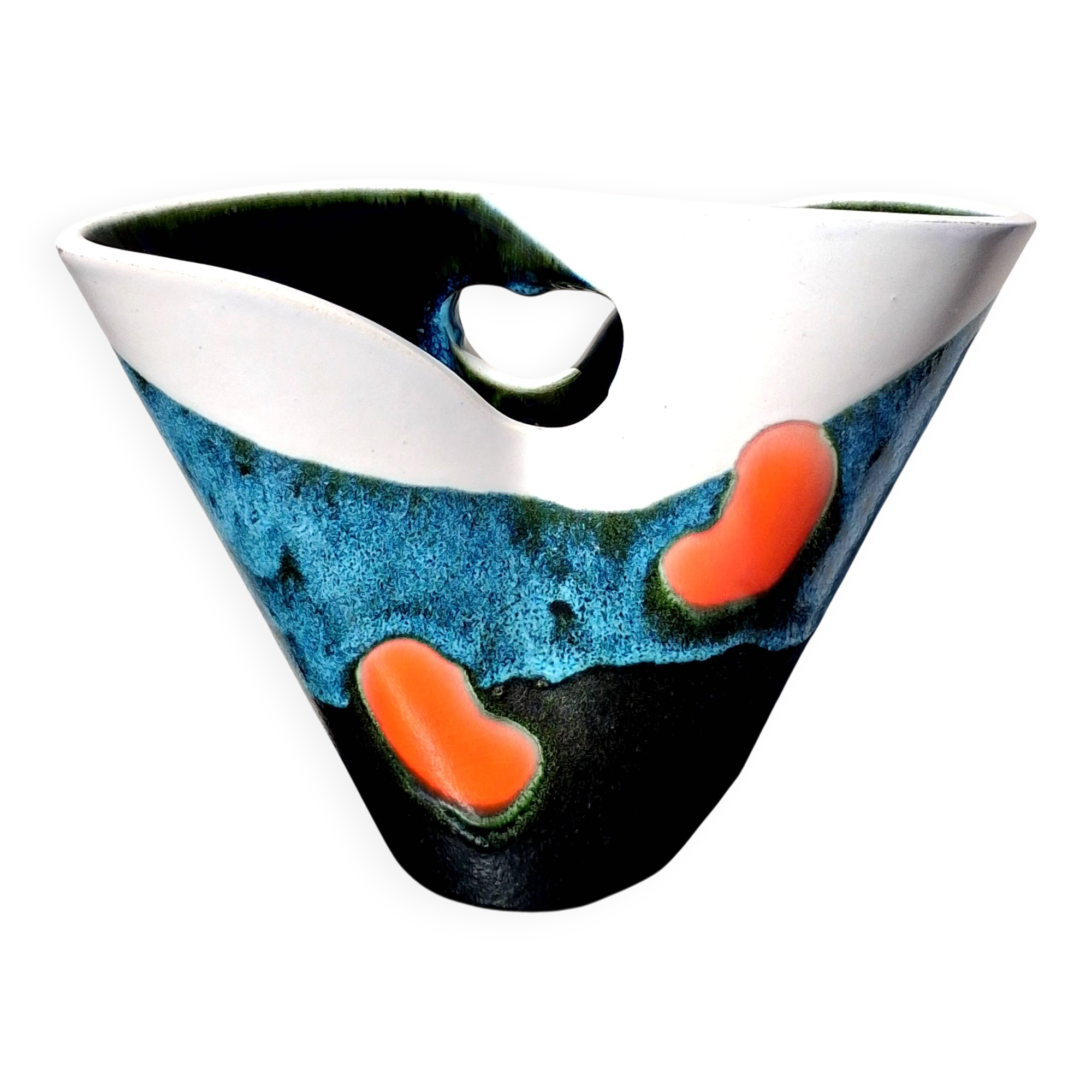 Tricolour vase, vintage seventies design, signed Elchinger, Vallauris.
