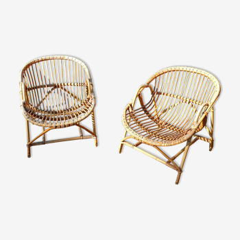 Paire de fauteuils en rotin corbeille vintage années 60