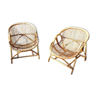 Paire de fauteuils en rotin corbeille vintage années 60
