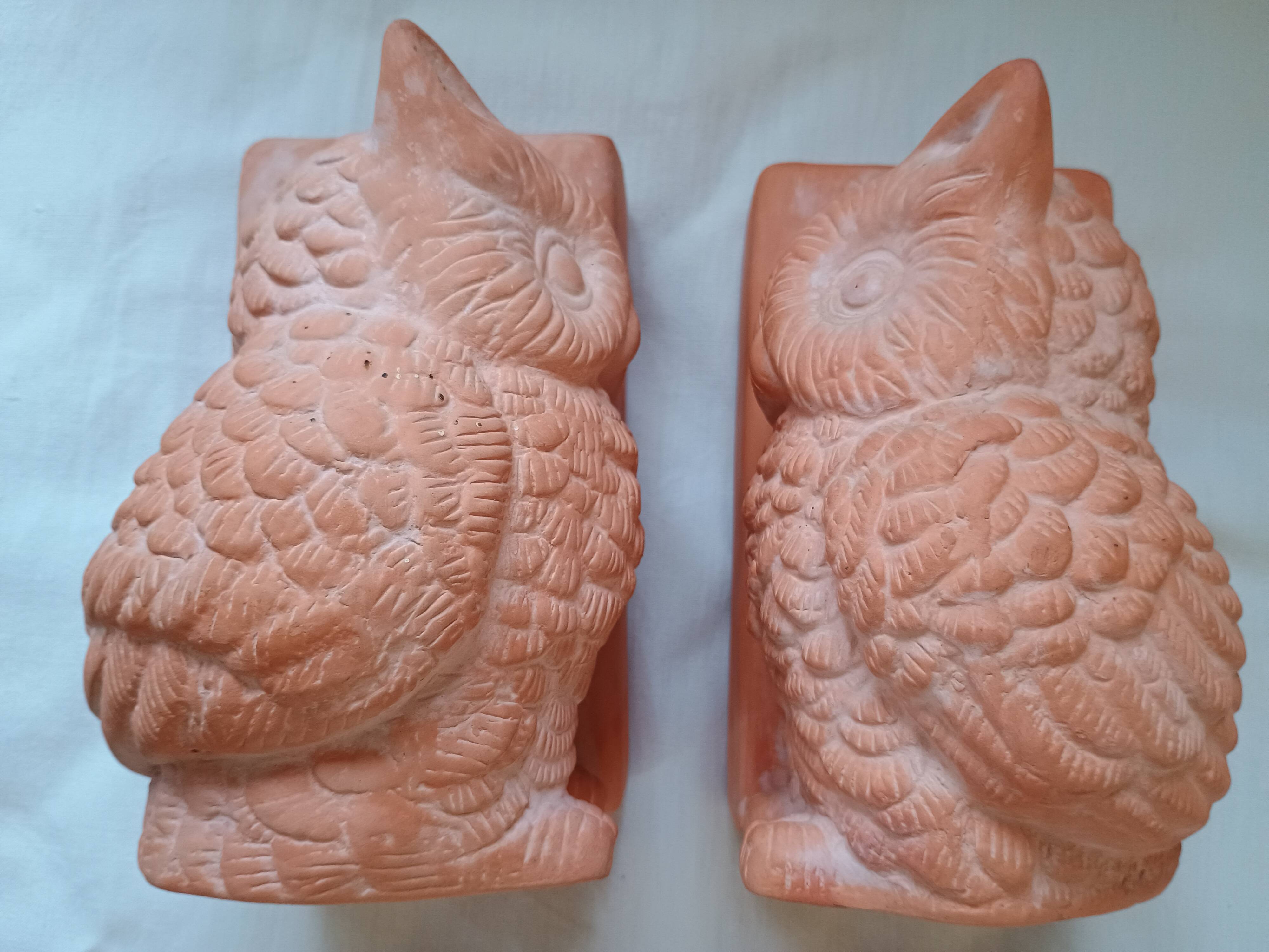 Serre livres paire - Hibou Chouette et livre - terre cuite brute - moderne