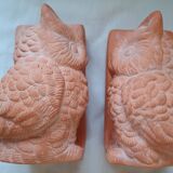 Pair of bookends - Owl and book - raw terracotta - modern