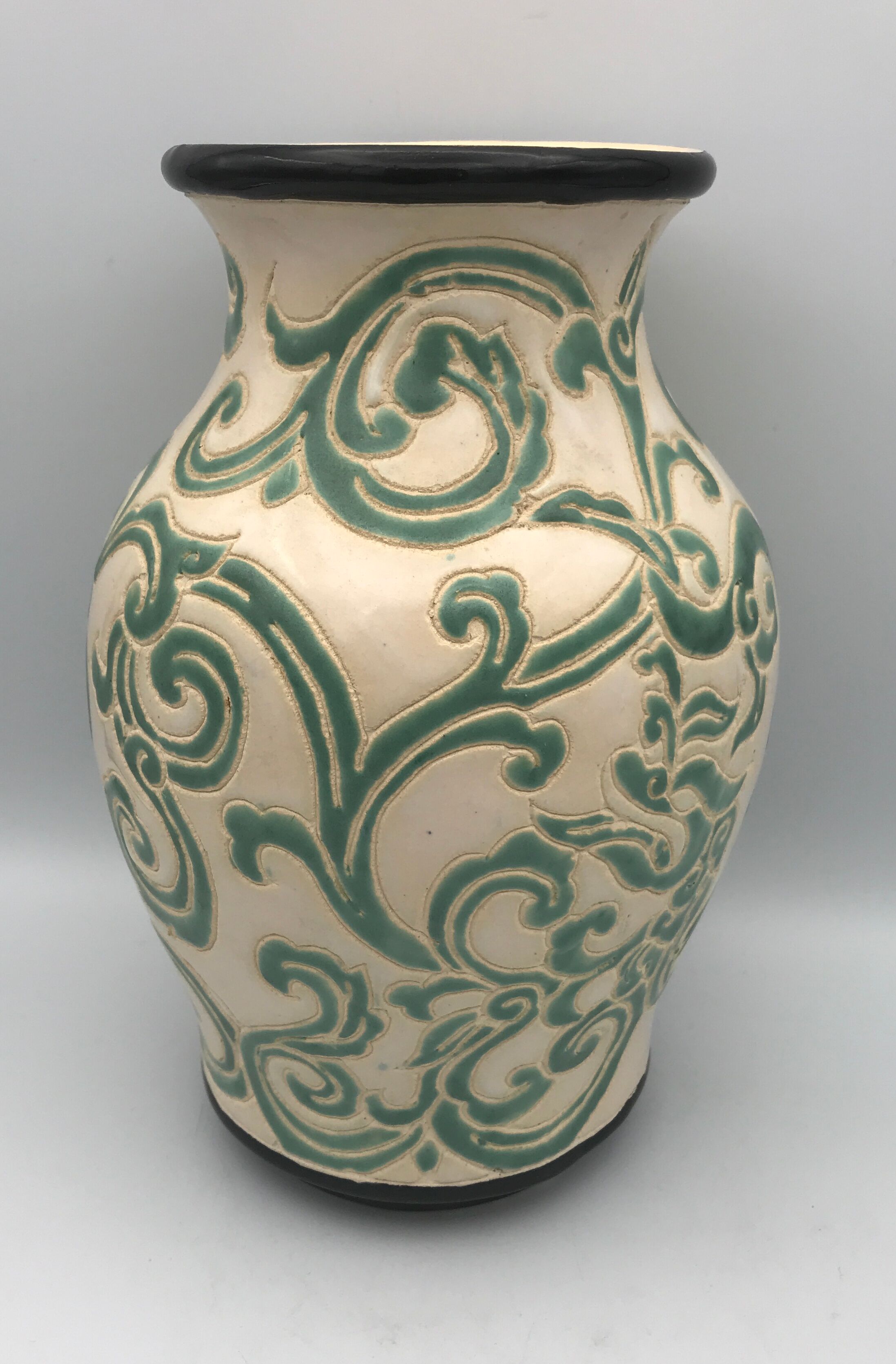 Vintage vase in glazed ceramic with carved decoration of arabesque 22.5 cm