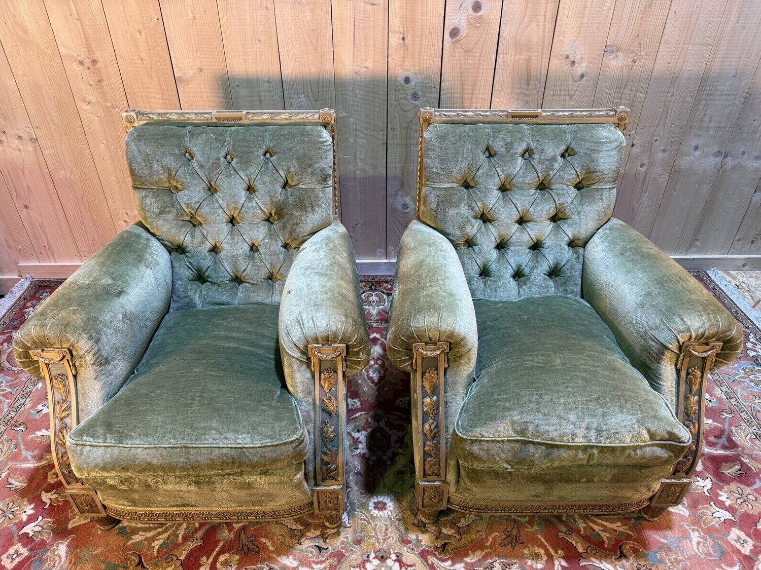 Pair of Club style armchairs / Louis XVI in gilded wood