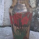 Vintage red-flowered pink glass vase