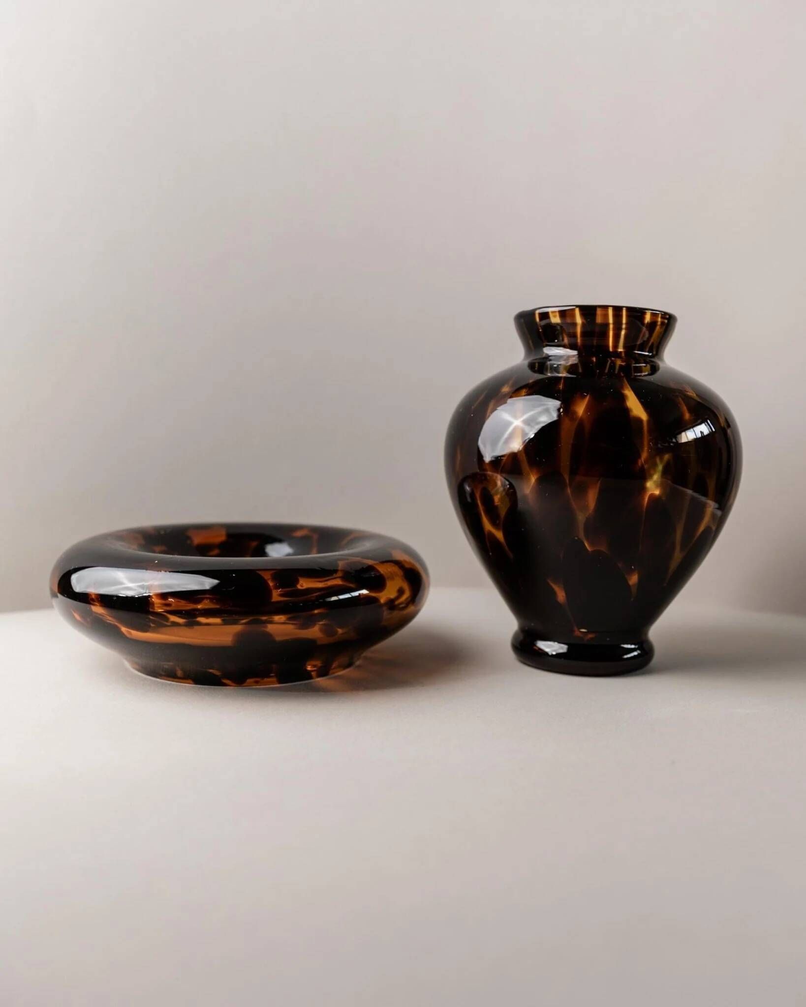 Vintage Murano Glass Vase and Bowl in Tortoise Shell Optic - Amber-Brown Glass Art