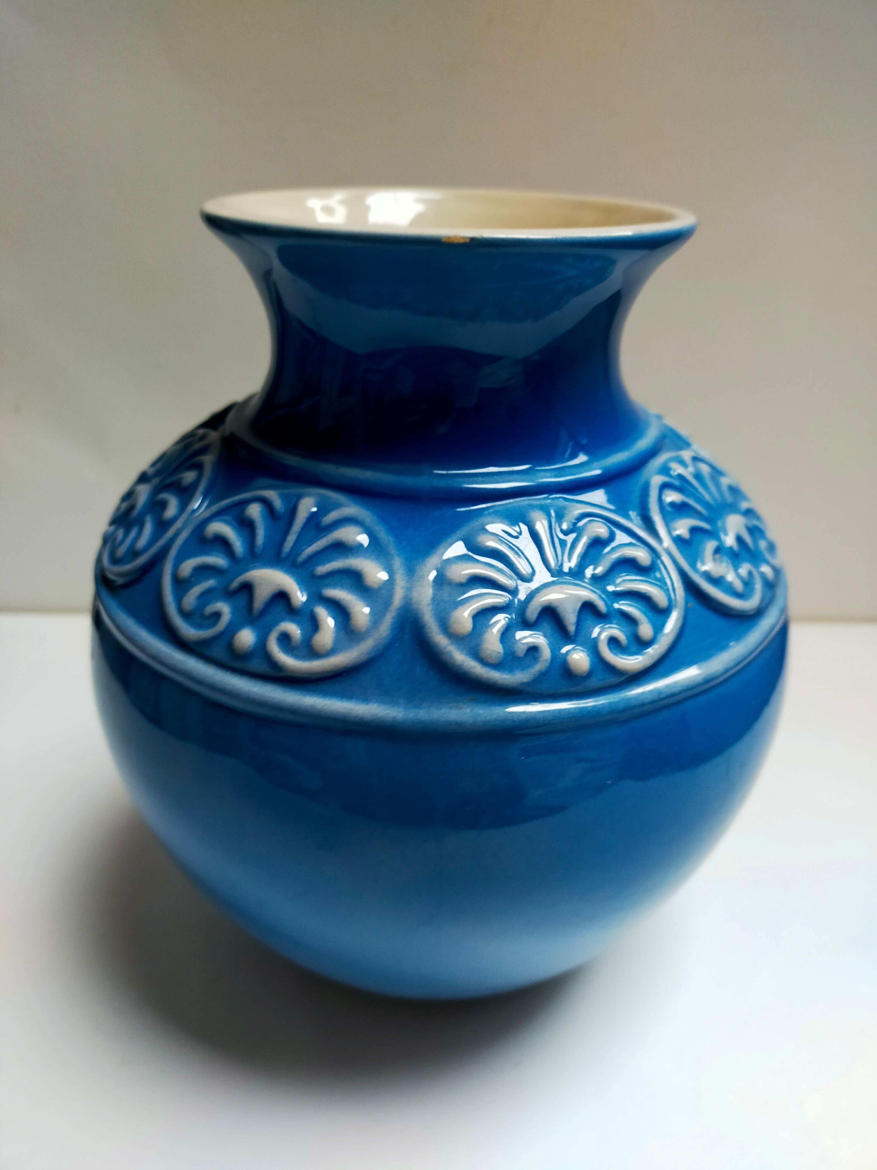 Ceramic vase ball blue art deco vintage carved numbered