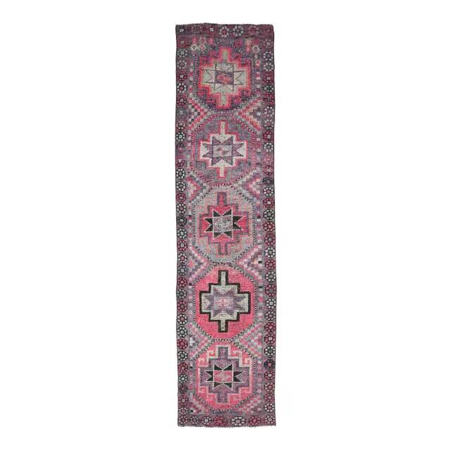 Vintage Turkish Oushak Handmade Wool Cotton Purple Runner 83x345