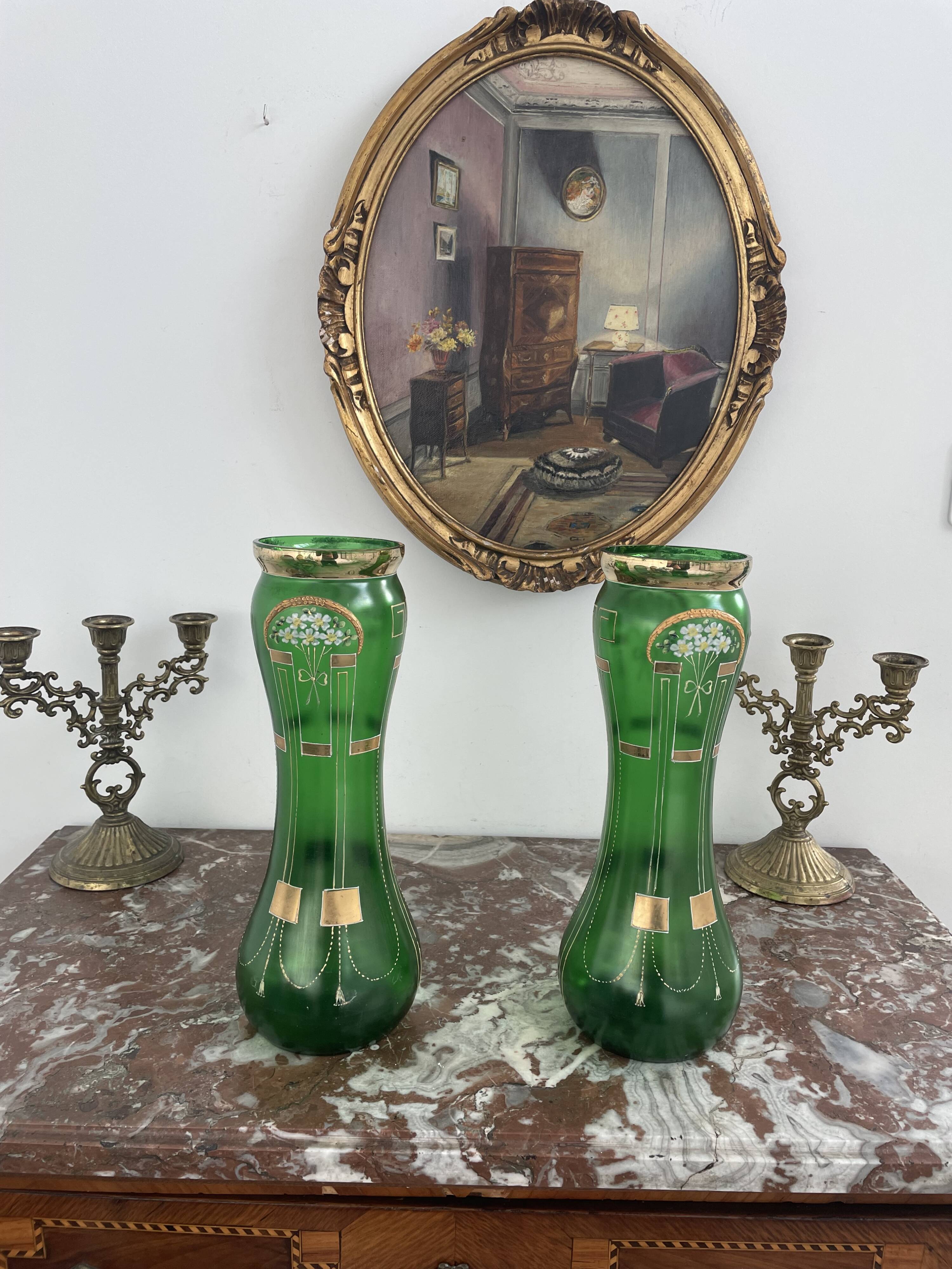 Antique, pair, green vases, flower decoration, golden, ART DECO, daisies, knot, hand painted