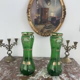 Paire de vases verts, décor fleurs, doré, art deco, marguerites, nœud, peint à la main, antique