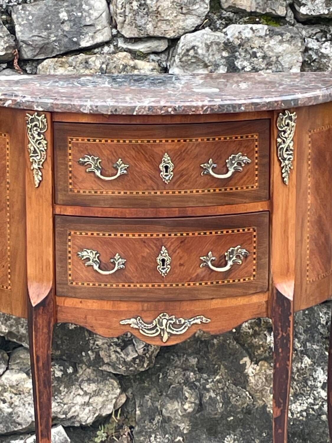 Small half-moon chest of drawers in Louis XV style marquetry, 19th century period