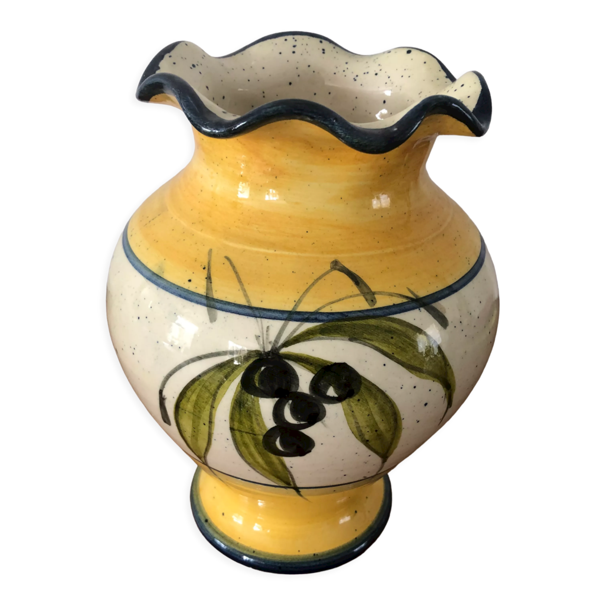 Vase signed Vallauris handmade trendy decoration of Olivier yellow, cream and blue