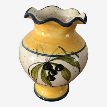 Vase signé Vallauris fait main décor branché d’Olivier jaune, crème et bleu