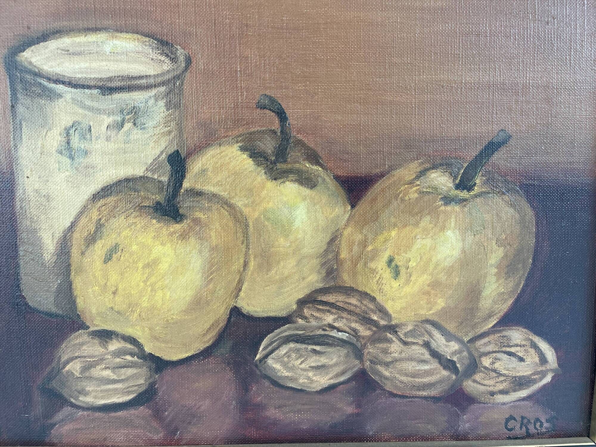 Oil painting on canvas, still life with fruits and pot, nuts, signed, George Cros, signed