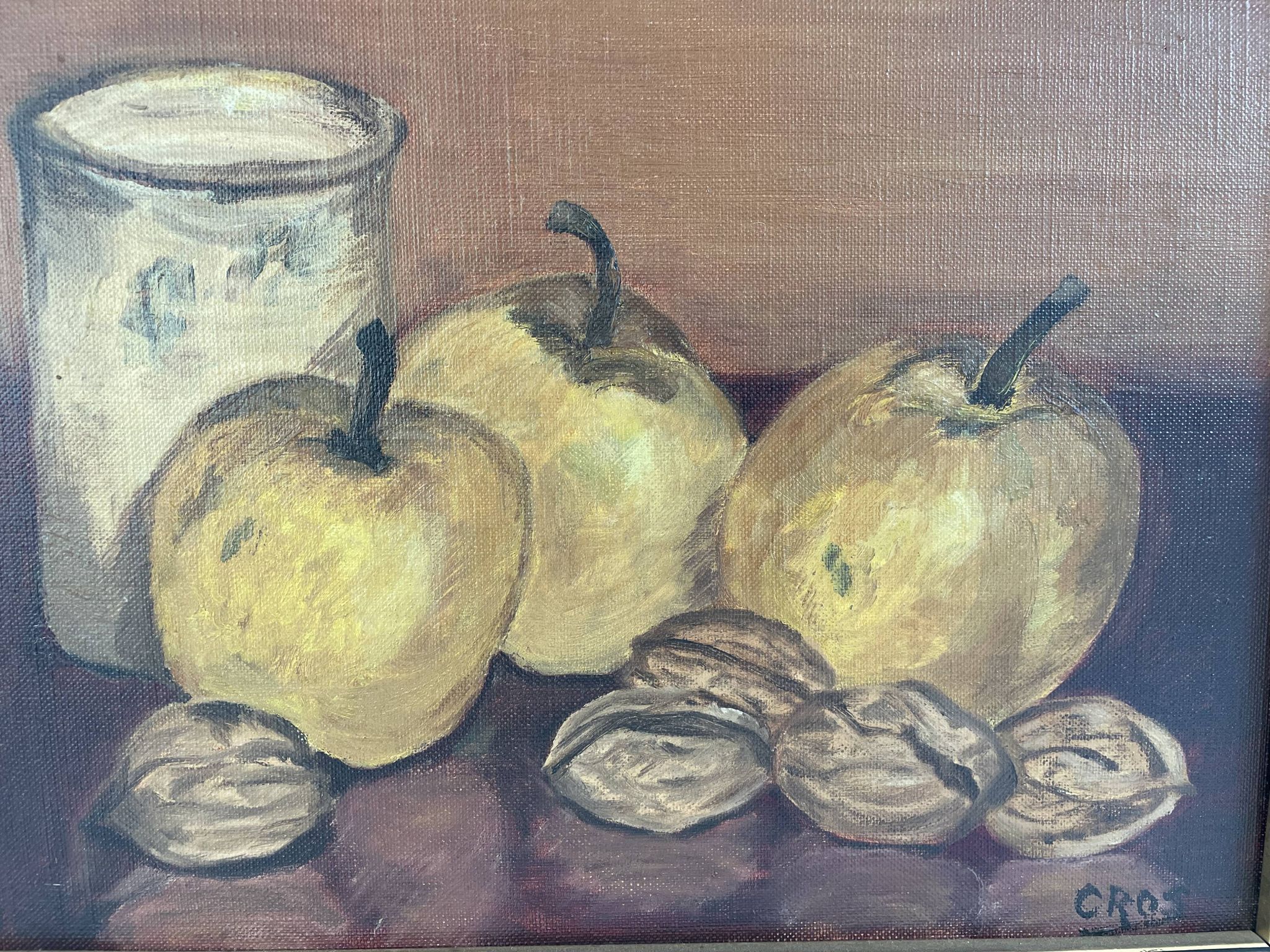 Oil painting on canvas, still life with fruits and pot, nuts, signed, George Cros, signed