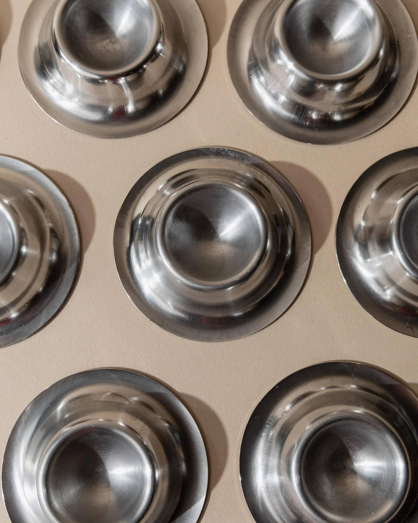 Lot of 9 vintage stainless steel egg cups from the 1970s, timeless minimalist design, dishwasher safe.