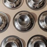 Lot of 9 vintage stainless steel egg cups from the 1970s, timeless minimalist design, dishwasher safe.
