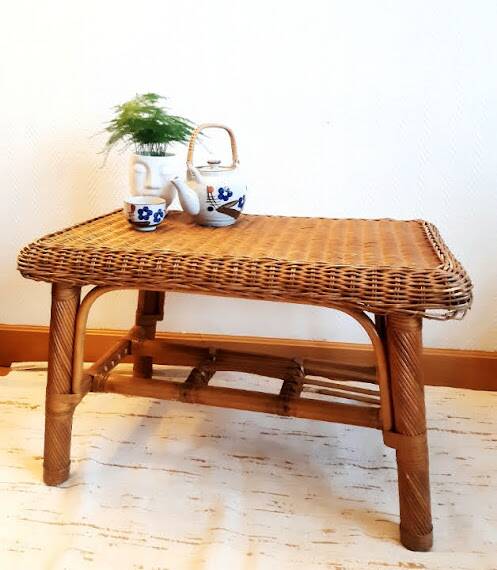 Rectangular vintage rattan coffee table