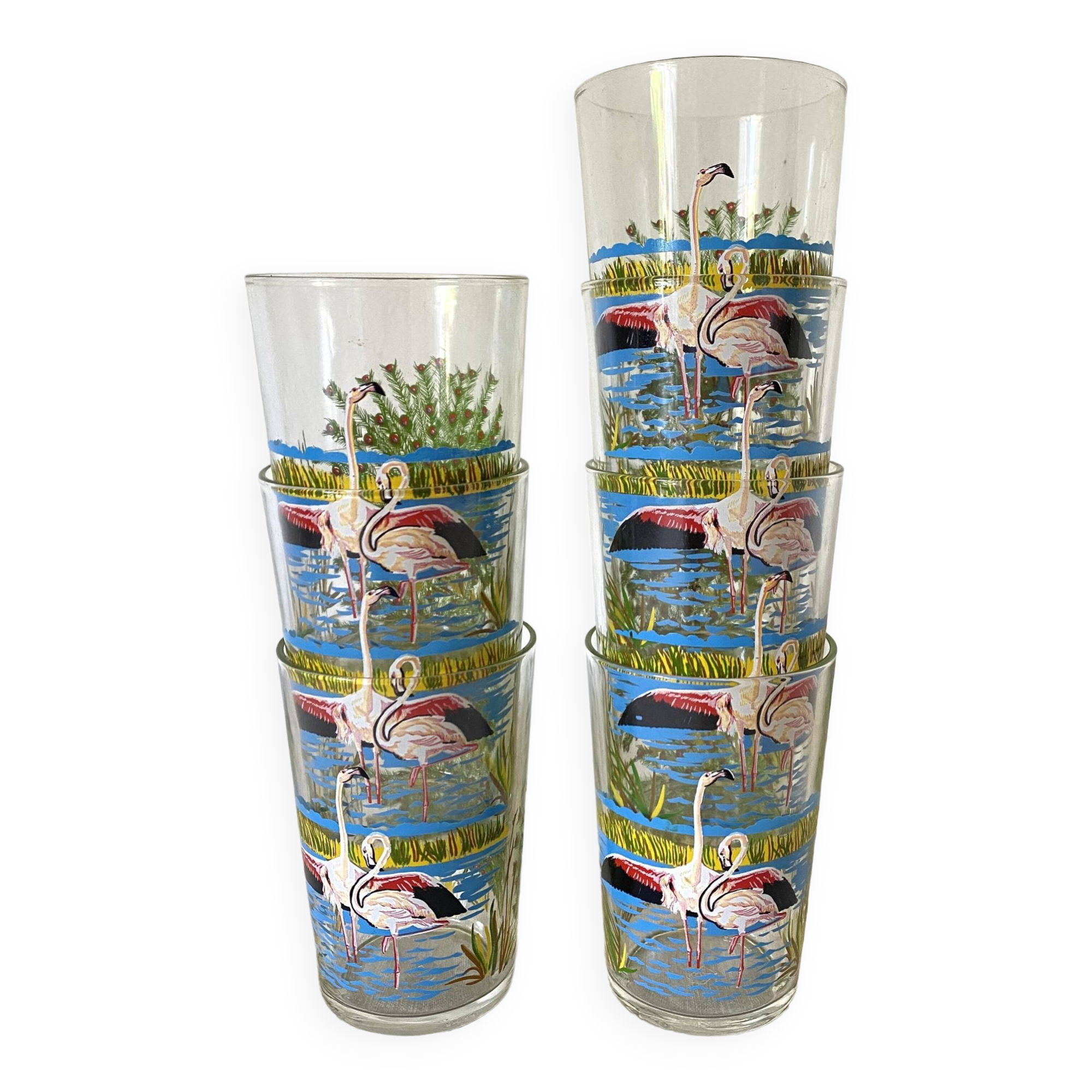 Verres à eau vintage décorés , flamand rose et paon