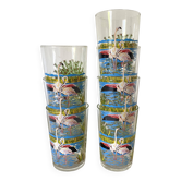 Vintage decorated water glasses, pink flamingo and peacock
