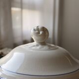 Antique Lonchamp white earthenware soup tureen with blue edging