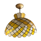 Mother-of-pearl pendant lamp, white and yellow, with lead or tin, brass colour