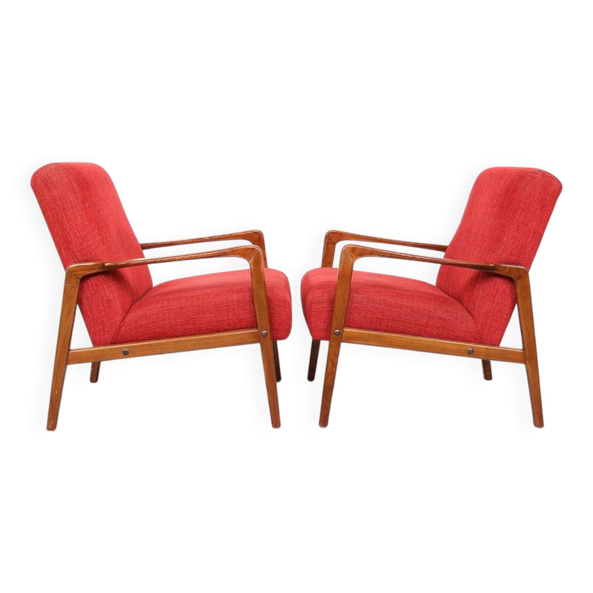 Danish vintage design wooden armchairs with coral fabric, 1950s