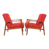 Danish vintage design wooden armchairs with coral fabric, 1950s